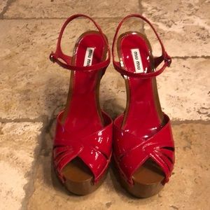 Miu Miu Red Patent Leather Open Toe High Platforms